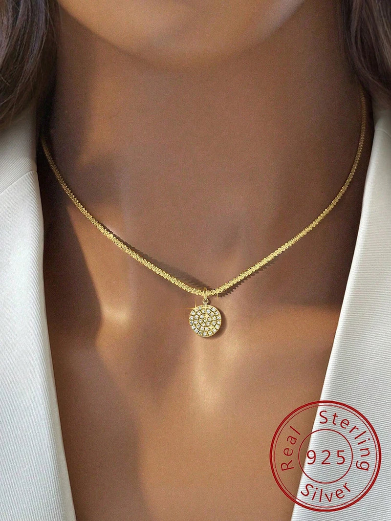 Fine 925 Sterling Silver 18k Gold Plated Simplicity Classic Zircon round Necklace Fine Jewelry