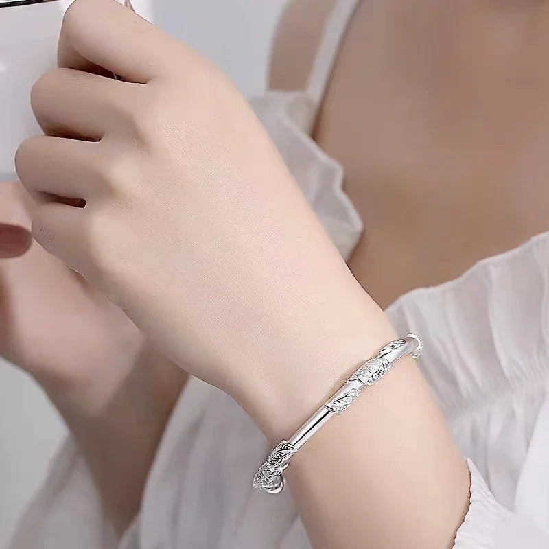 New 925 Sterling Silver Delicate Flowers Bangle Bracelet