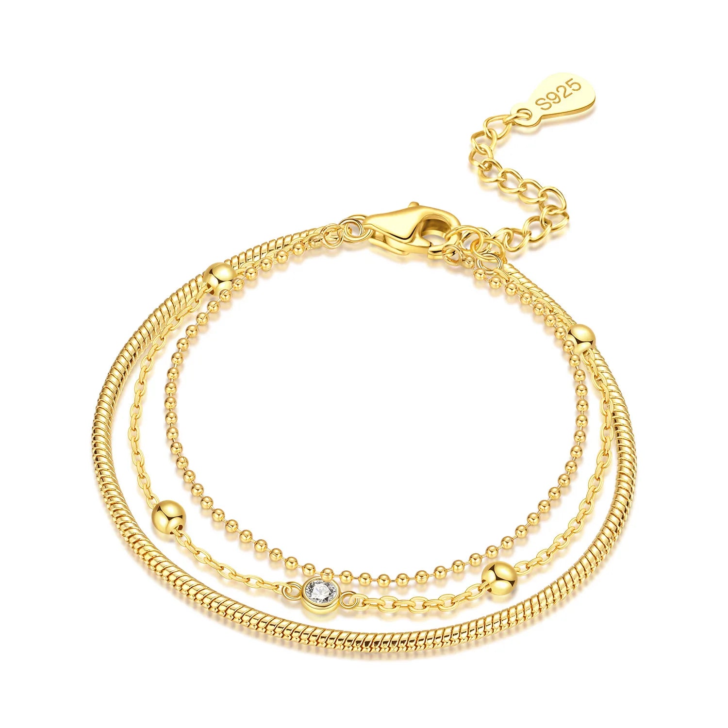 925 Sterling Silver Three Layers Bracelet Chain Link  Jewelry