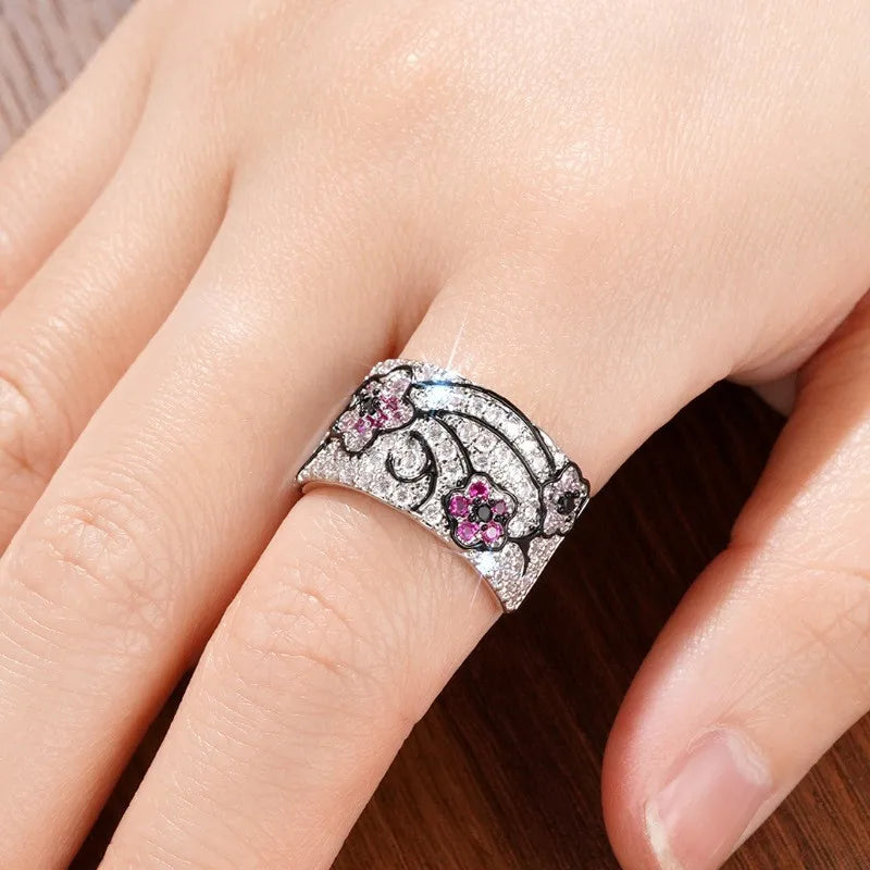 925 Sterling Silver Sparkling Zircon Amethyst Flower Design Ring Fine Jewelry