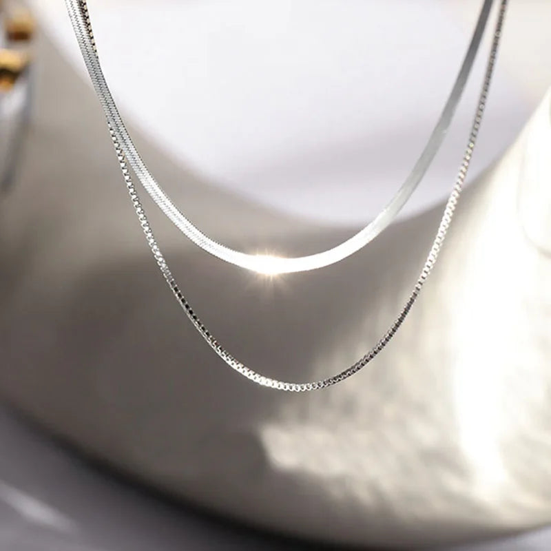 Fine 925 Silver Double Layer Box Chain Snake Clavicle Chain Necklace Fine Jewelry