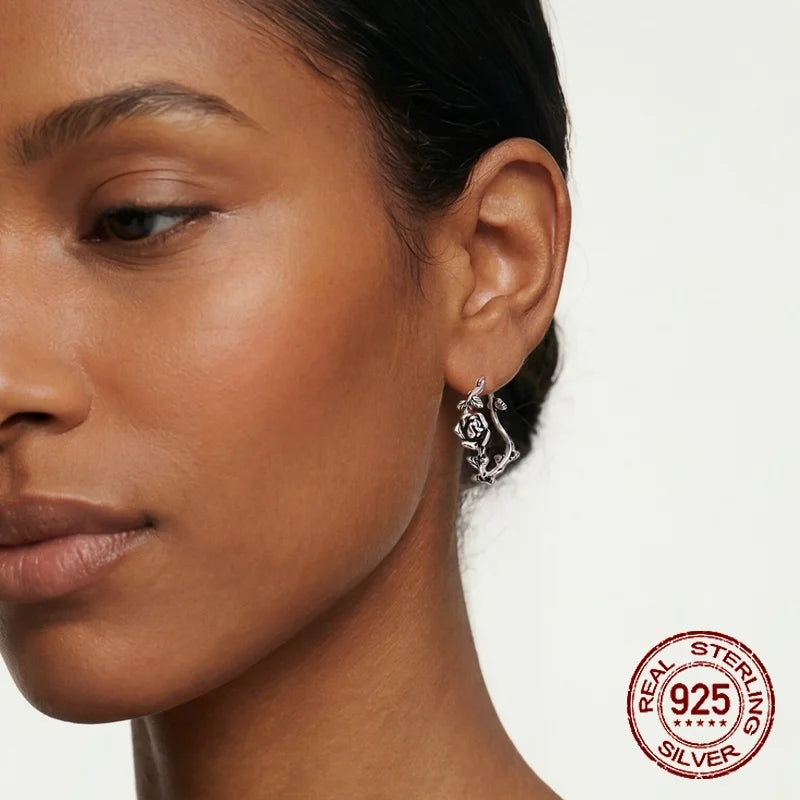New 925 Sterling Silver 18k Gold Plated CZ Rose Hoop Earring Vintage Twisted Rose Vine Fine Jewelry