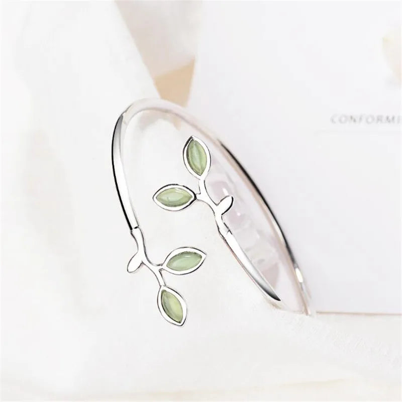  Exquisite 925 Sterling Silver Pure Zircon Bangle Bracelet Leaves Adornment Fine Jewelry