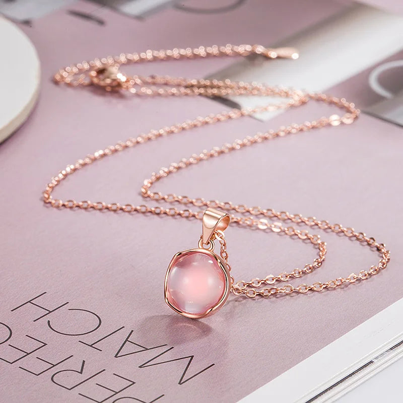 925 Sterling Silver round Pendant Necklace with Pink Crystal Elegant Choker Jewelry