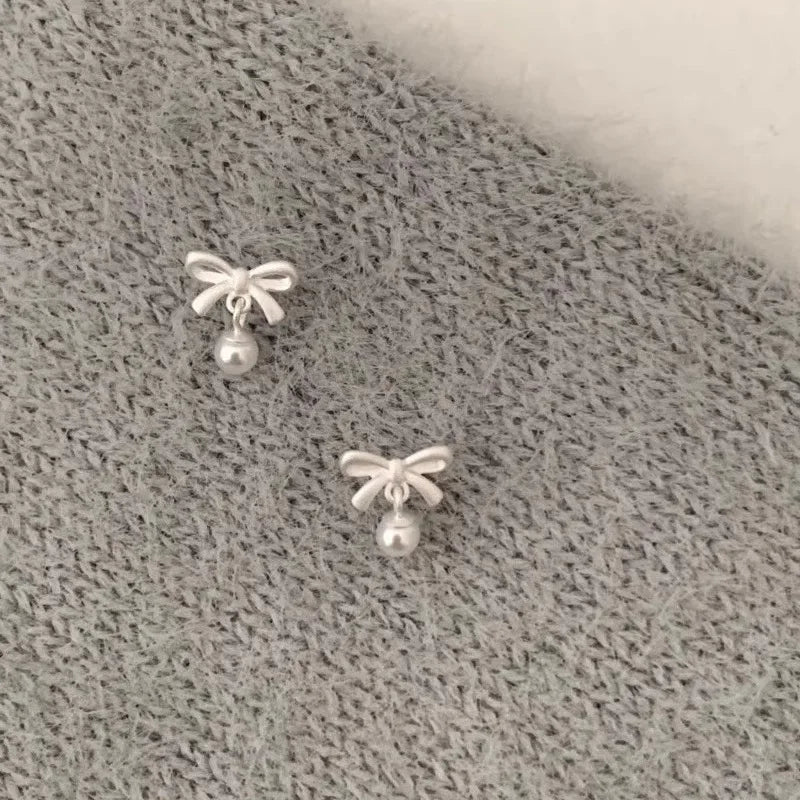Pure 923 Sterling Silver Geometric Bow Charm Freshwater Pearl Pendant Stud Earrings