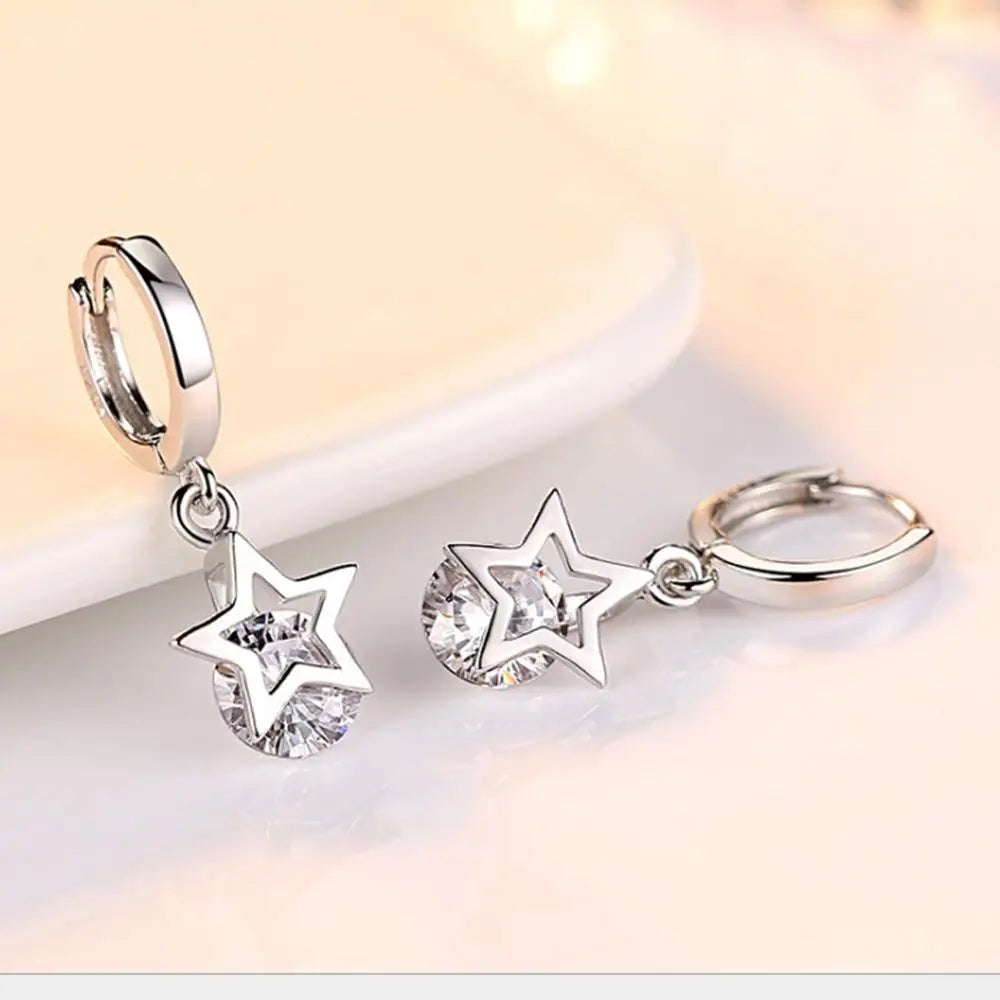 New 925 Sterling Silver Zircon Crystal Star Charm Stud Earrings Fine Jewelry