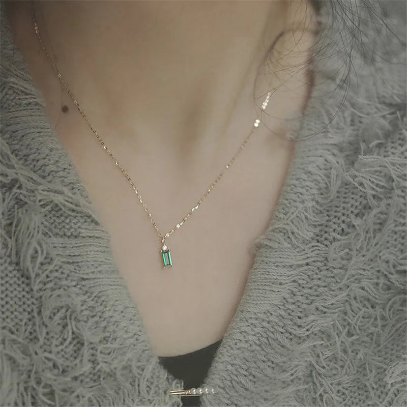925 Sterling Silver 18k Gold Plated European Simple Square Emerald Zircon Crystal Pendant Clavicle Chain Necklace