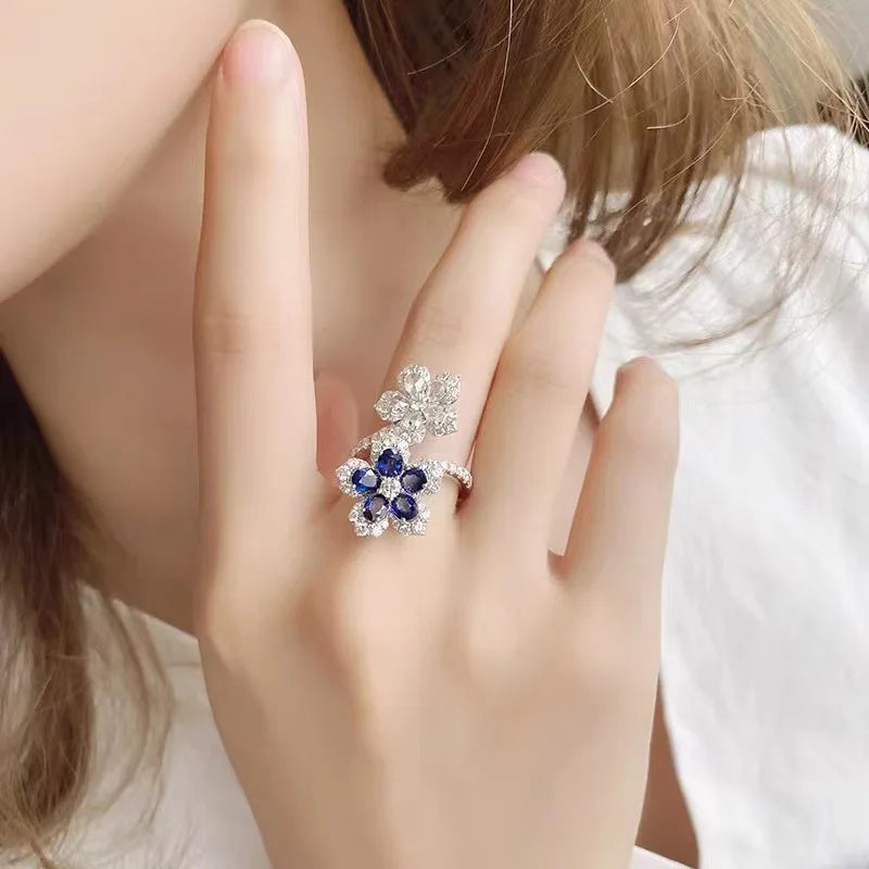 925 Sterling Silver Blue Zircon Crystal Adjustable Twisted Leaves Flowers Ring Fine Jewelry