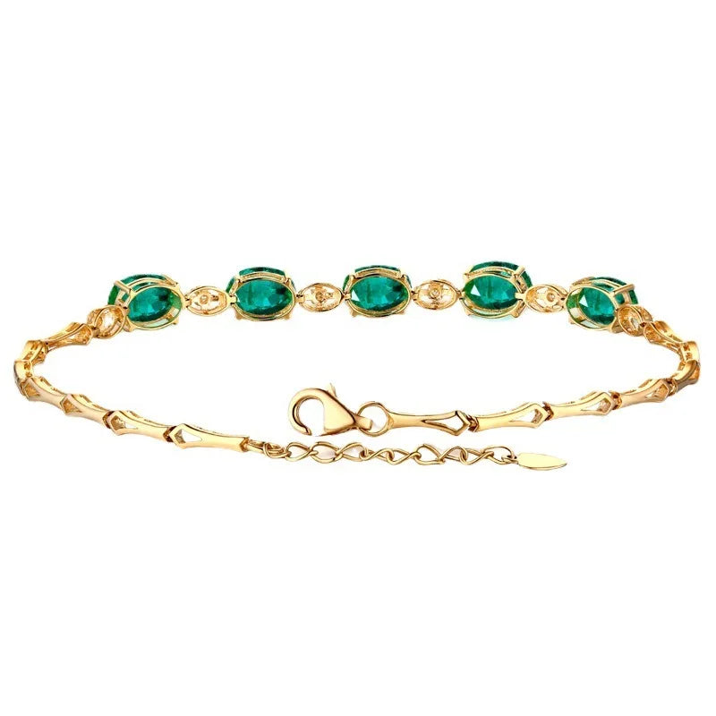 Vintage 925 Sterling Silver 18K Gold-Plated Emerald Bracelet Gemstone Bracelet Fashion Jewelry