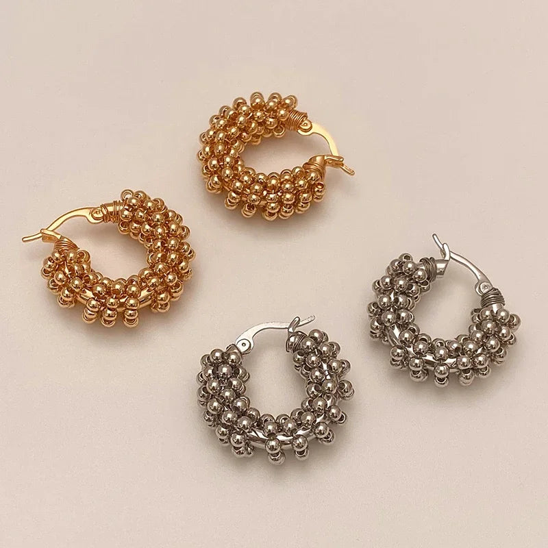 New 923 Sterling Silver 18k Gold Plated Twisted Bead Hoop Earrings Fine Jewelry