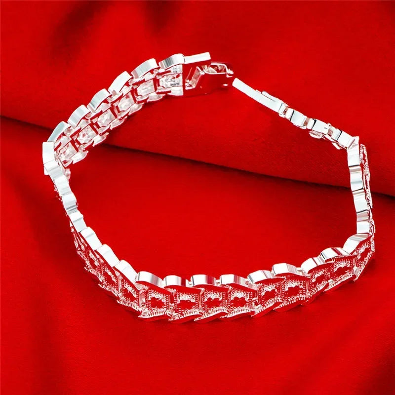 New 925 Sterling Silver Wide Wristband Bracelet Chain Fine Jewelry