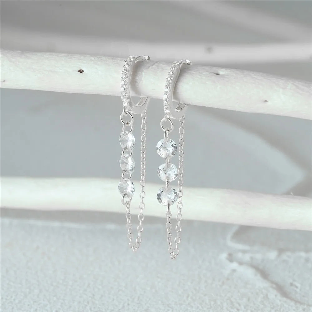 925 Sterling Silver Three Zircon Drop Long Chain Gold Hoop Buckle Piercing Earrings Jewelry