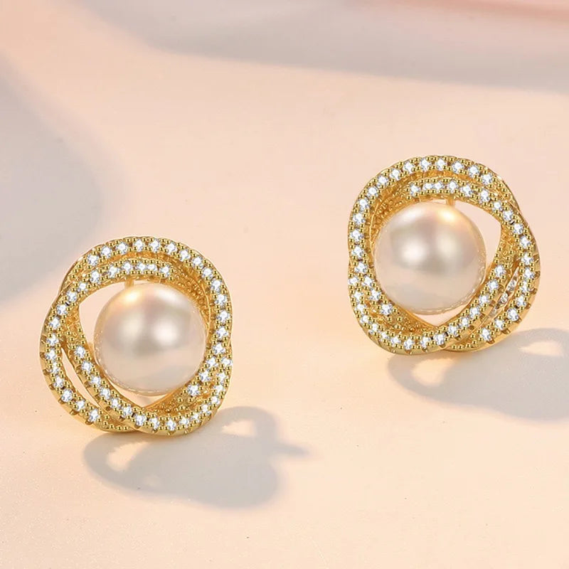 New 925 Sterling Silver 18k Gold Plated Freshwater Pearl Pure Zircon Stud Elegant Earrings Fine Jewelry