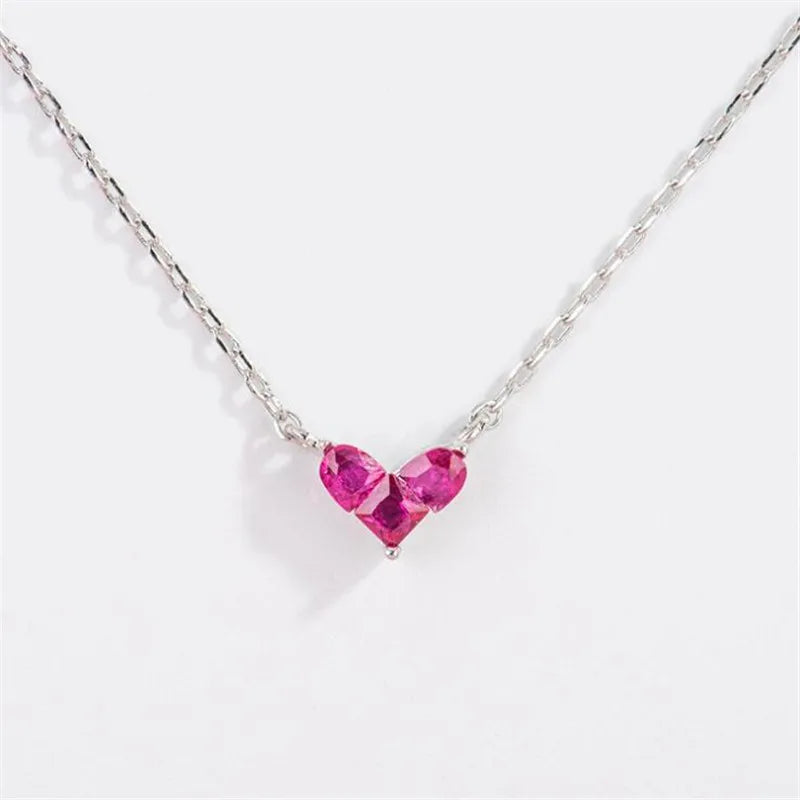 Fine 925 Sterling Silver Sweet Heart Shaped Red Crystal Pendant Necklace