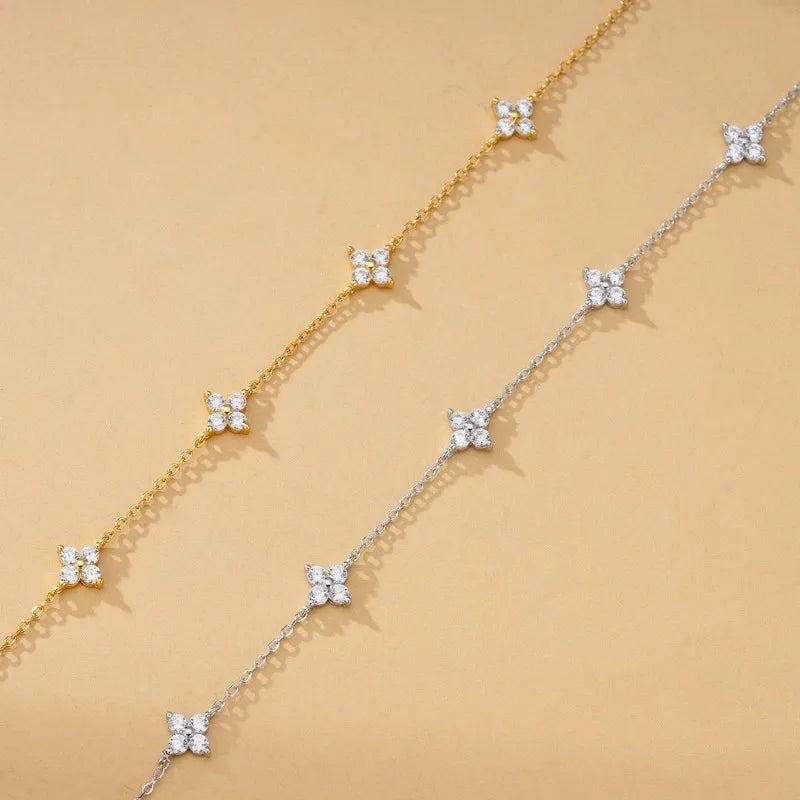 925 Silver Plated Cubic Zirconia Four Leaf Clover Bracelet for Women Adjustable Chain Jewelry 18K Gold Plated Fashion Accessory