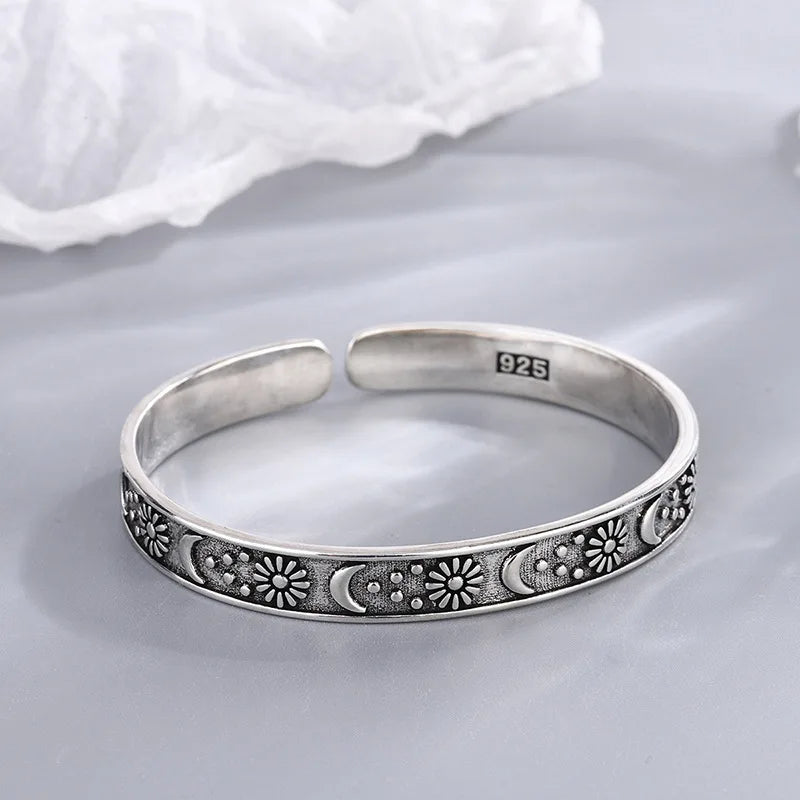 Pure 925 Sterling Silver Retro Personality Star Moon and Flower Bangle Cuff Bracelet