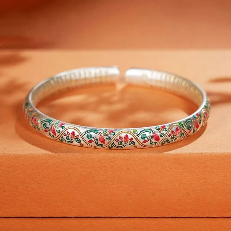 Sterling Silver 925 Flower Charm Cuff Bangle Bracelet Exquisite Jewelry