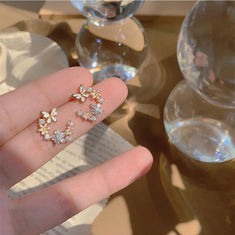 New Exquisite S925 Silver 18k Gold Filled Zircon Stone Flower Butterfly Earrings Fine Jewelry