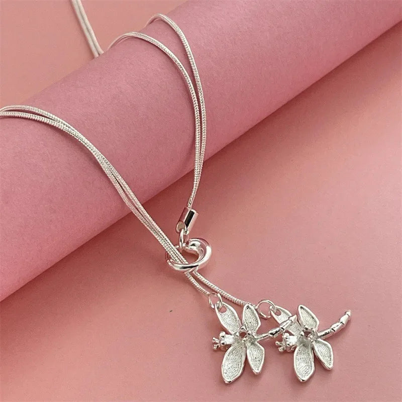 925 Sterling Silver Two Dragonfly Pendant Necklace for Women Snake Chain Necklace Jewelry