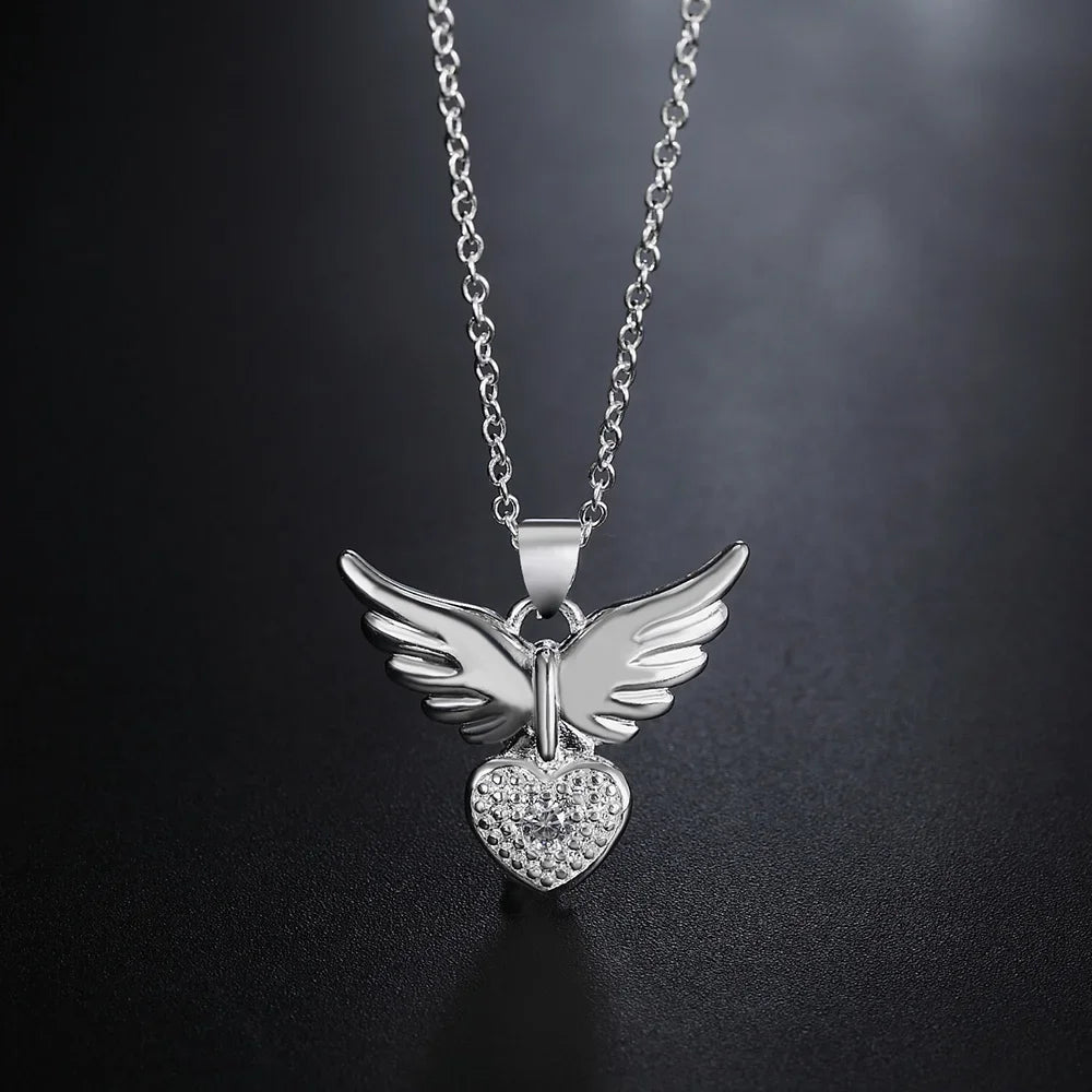 925 Sterling Silver 18 Inches Zircon Elegant Heart Wings Pendant Necklac Jewelry