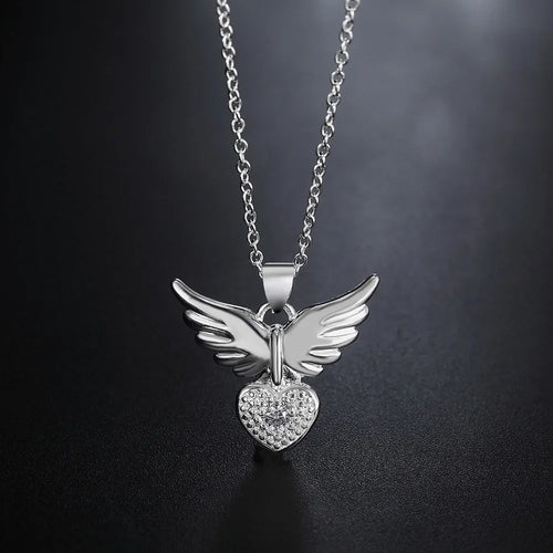 925 Sterling Silver 18 Inches Zircon Elegant Heart Wings Pendant Necklac Jewelry