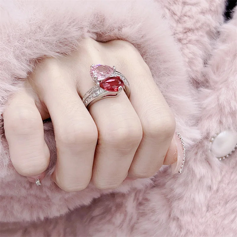 925 Sterling Silver Luxury Sparkling Zircon Pink and Ruby Gemstone Adjustable Ring Fine Jewelry