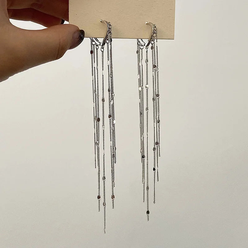 New 923 Sterling Silver Chain Tassels Pendant Hoop Earrings Jewelry