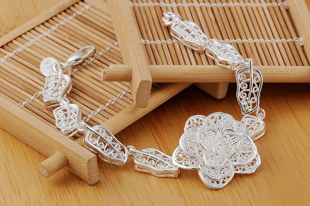 Pure 925 Sterling Silver Bracelet Beautiful Big Flower Fine Luxury Jewelry