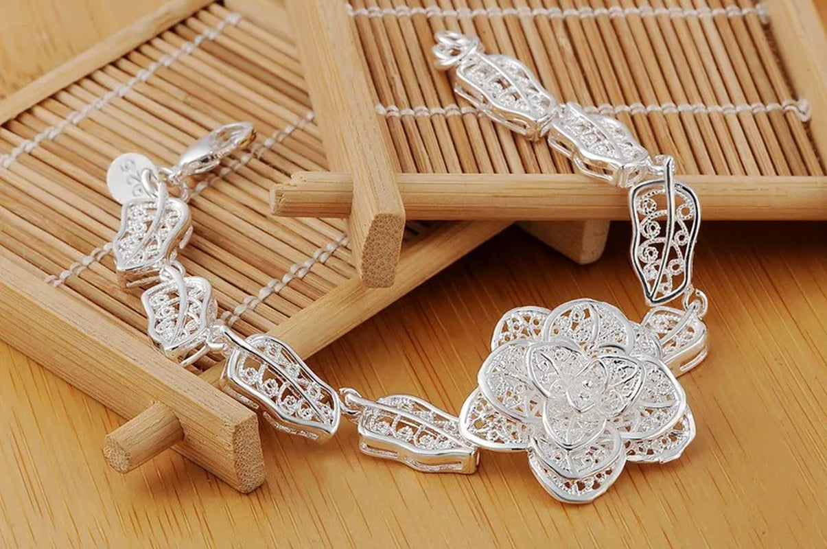 Pure 925 Sterling Silver Bracelet Beautiful Big Flower Fine Luxury Jewelry