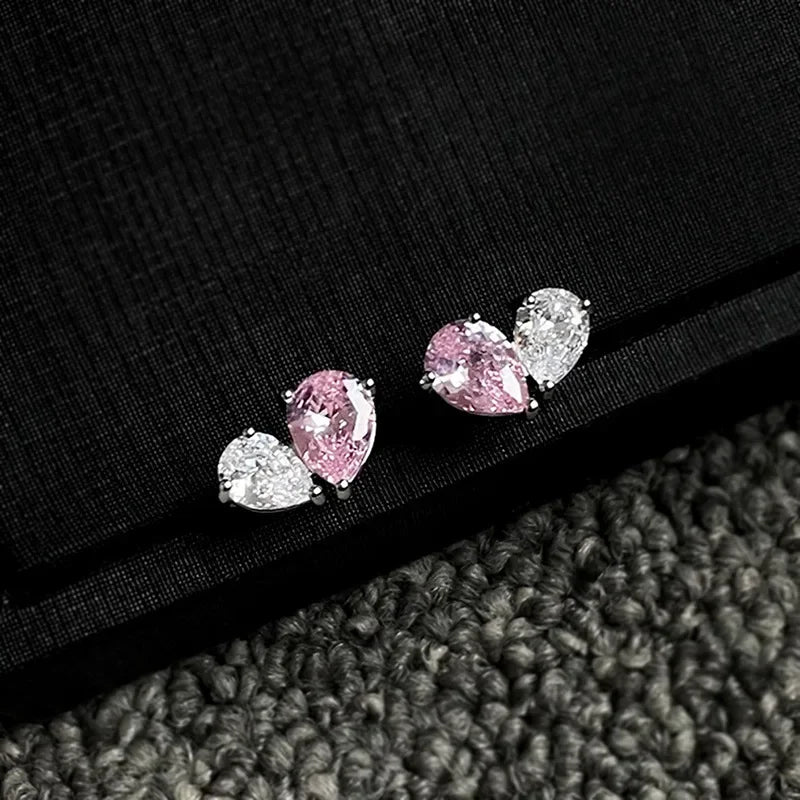 Real Money 925 Sterling Silver Earrings Pink Crystal Heart Shaped Water Droplet Zircon Jewelry