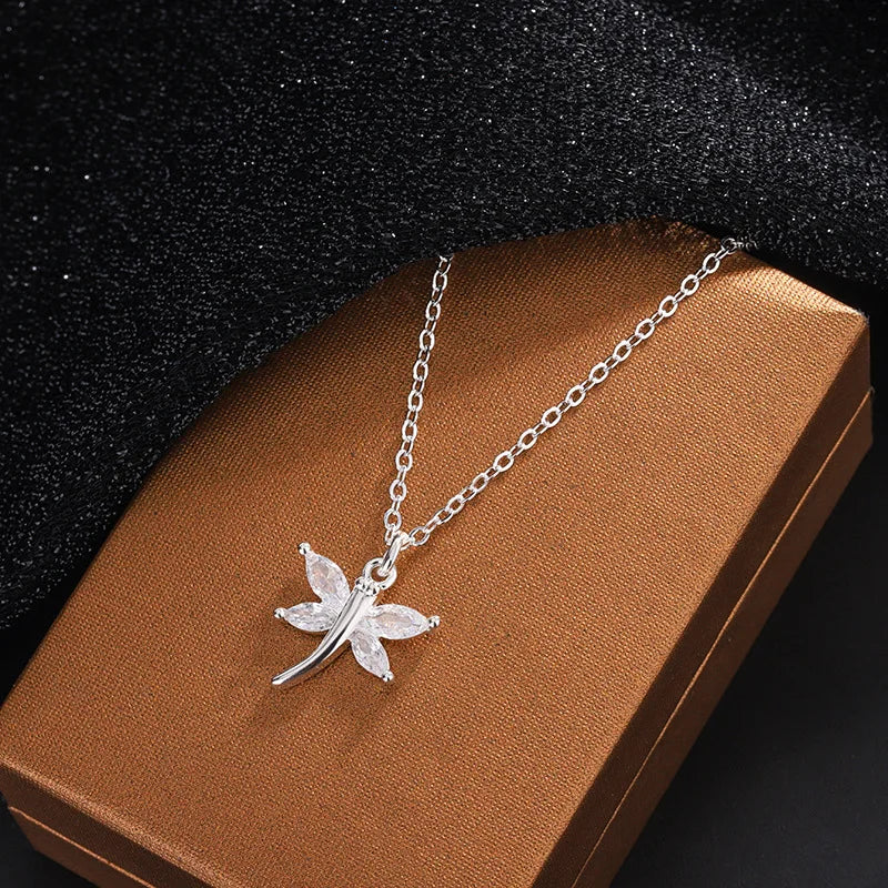 Fine 925 Sterling Silver Crystal Dragonfly Pendant Exquisite Necklace