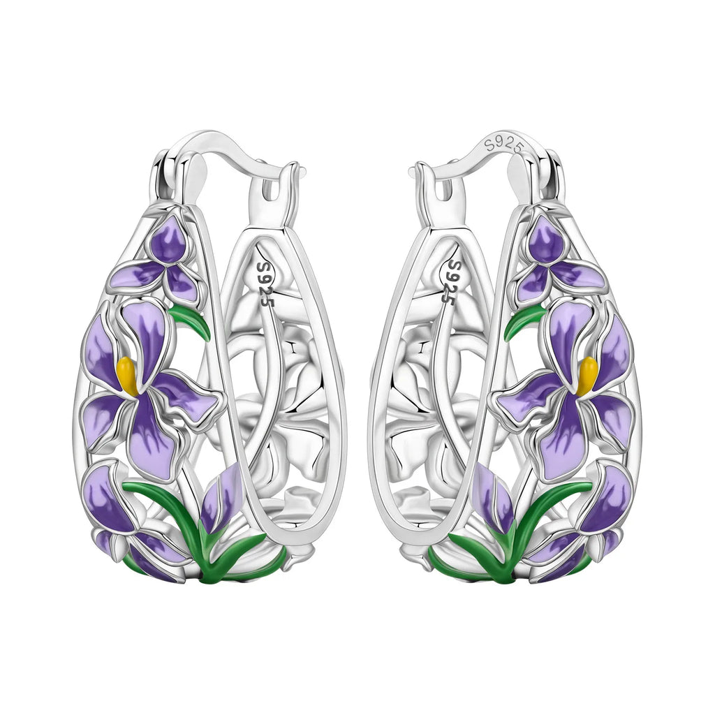 New S925 Sterling Silver Pure Zircon Blue Purple Flower Iris Earrings Fine Jewelry