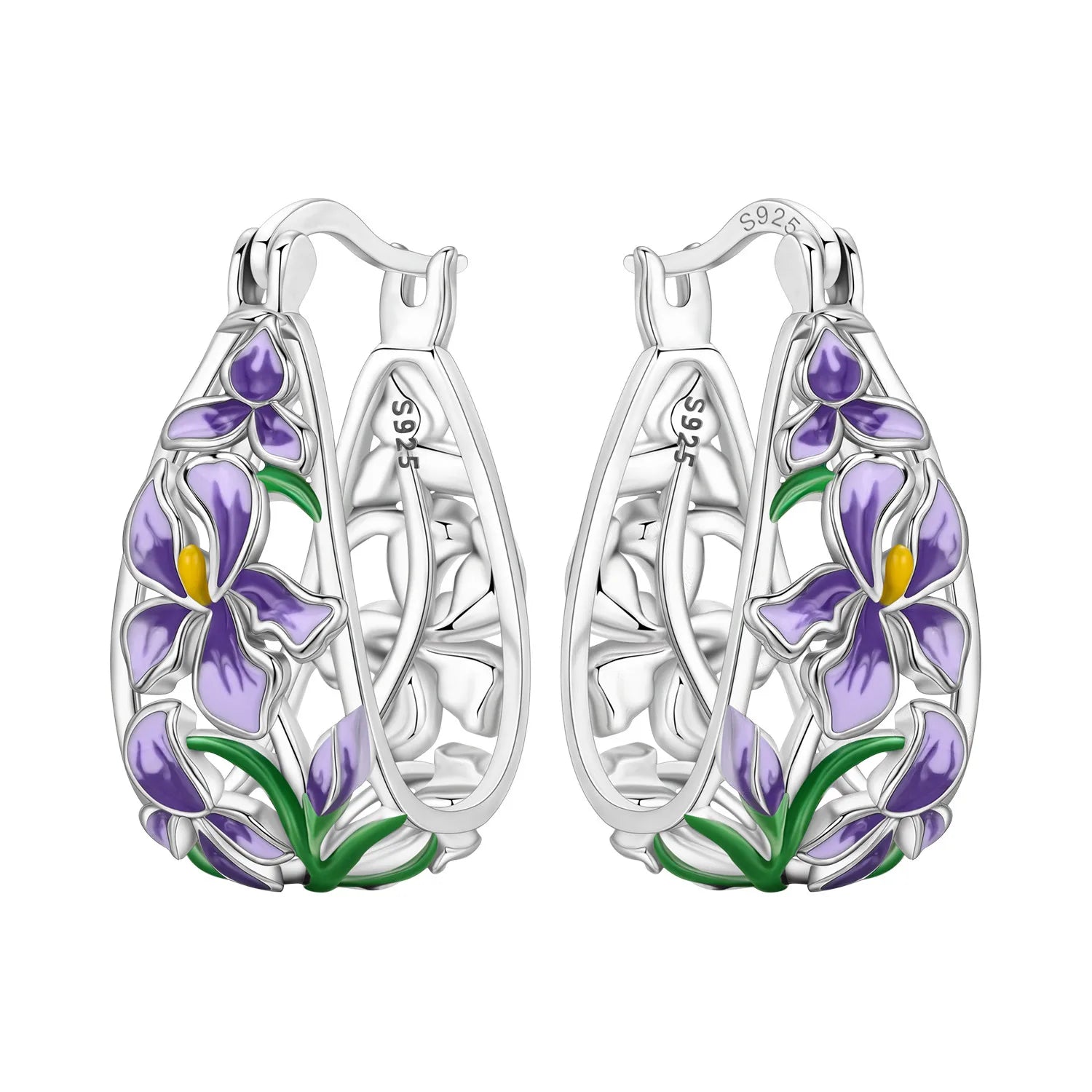 New S925 Sterling Silver Pure Zircon Blue Purple Flower Iris Earrings Fine Jewelry