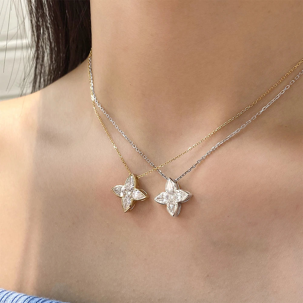 Exquisite S925 Sterling Silver Full Moissanite Pendant Necklace Flower Pear/Round Cut Diamond Neck Chain Jewelry