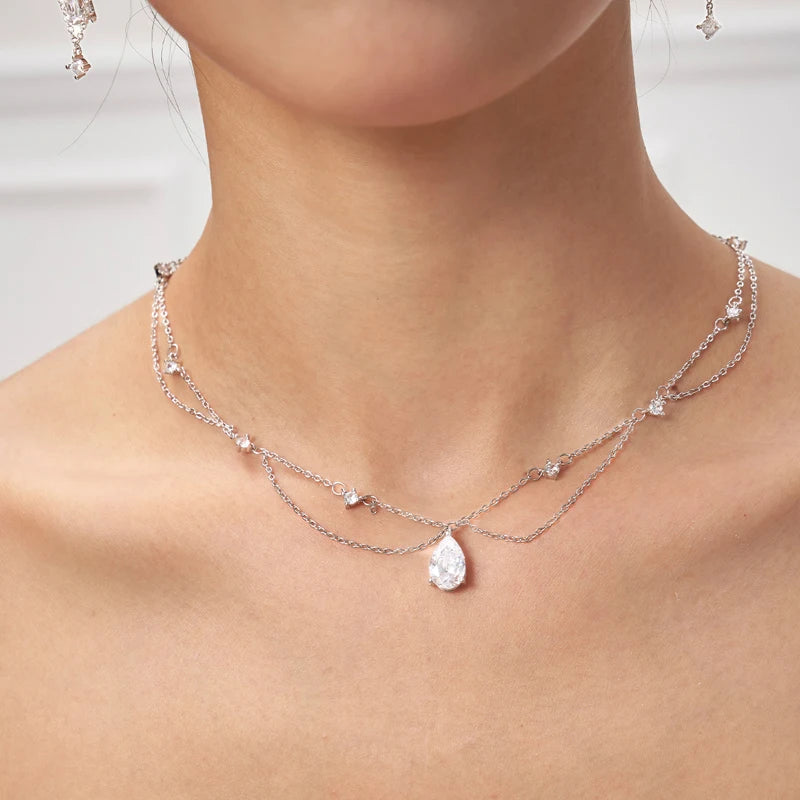 Fine 923 Sterling Silver Double Water Droplet Shape Choker AAA Zircon Chain Necklace Fine Jewelr