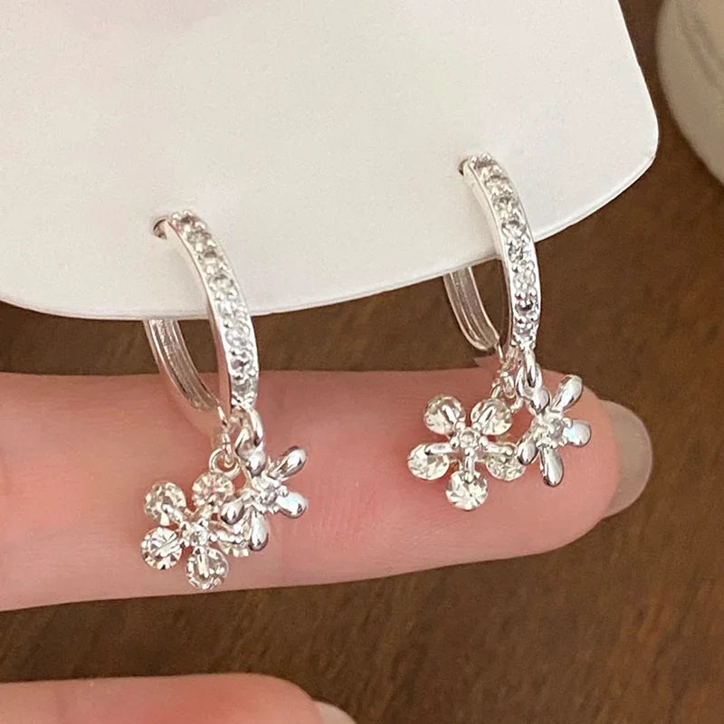 New 925 Sterling Silver 18k Gold Plated Zircon Flower Pendant Hoop Earrings Fine Jewelry