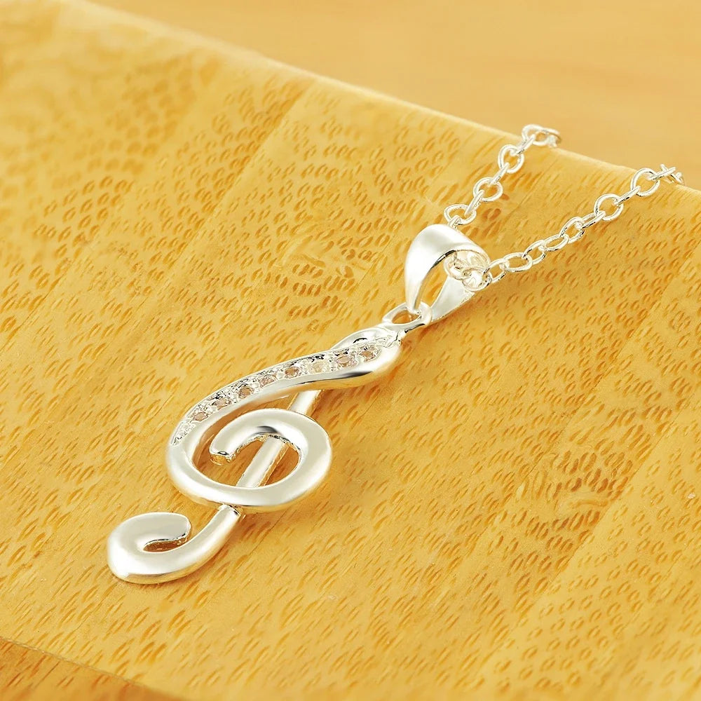 Fine 925 Sterling Silver Crystal Music Note Pendant Necklace Jewelry