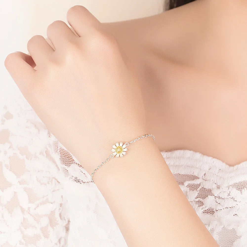 S925 Sterling Silver Bracelet Simple Sunflower Small Daisies Chrysanthemum Bracelet Fine Jewelry