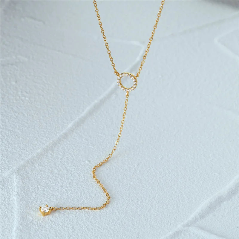 S925 Sterling Silver Double-Deck Circle Zircon Pendant Long O-Chain Choker Necklace Fine Jewelry