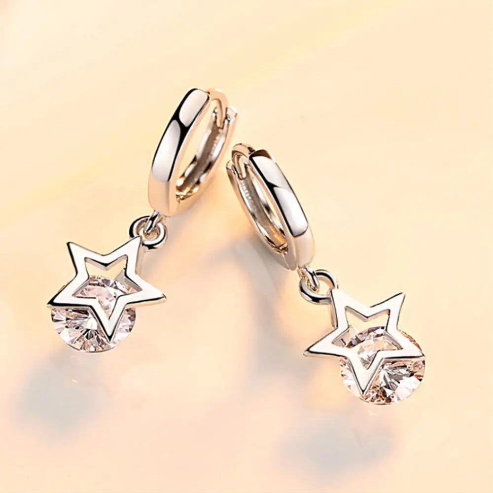 New 925 Sterling Silver Zircon Crystal Star Charm Stud Earrings Fine Jewelry