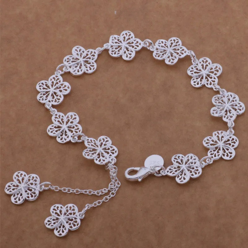 New 925 Sterling Silver Bracelet Beautiful Flowers Fine Jewelry