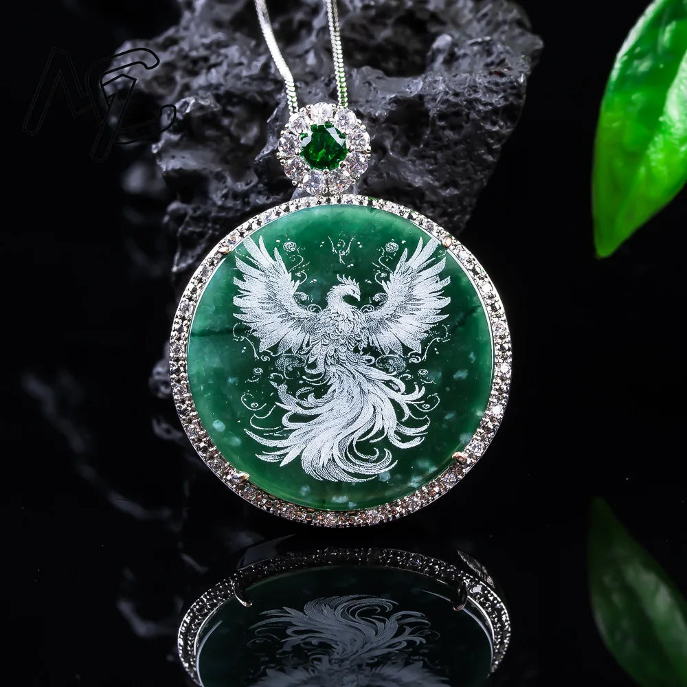 New S925 Sterling Silver Natural Real Emerald Jade Stone-Shadow Carving Phoenix Charm Pendant Jadeite Necklace Fine Jewelry