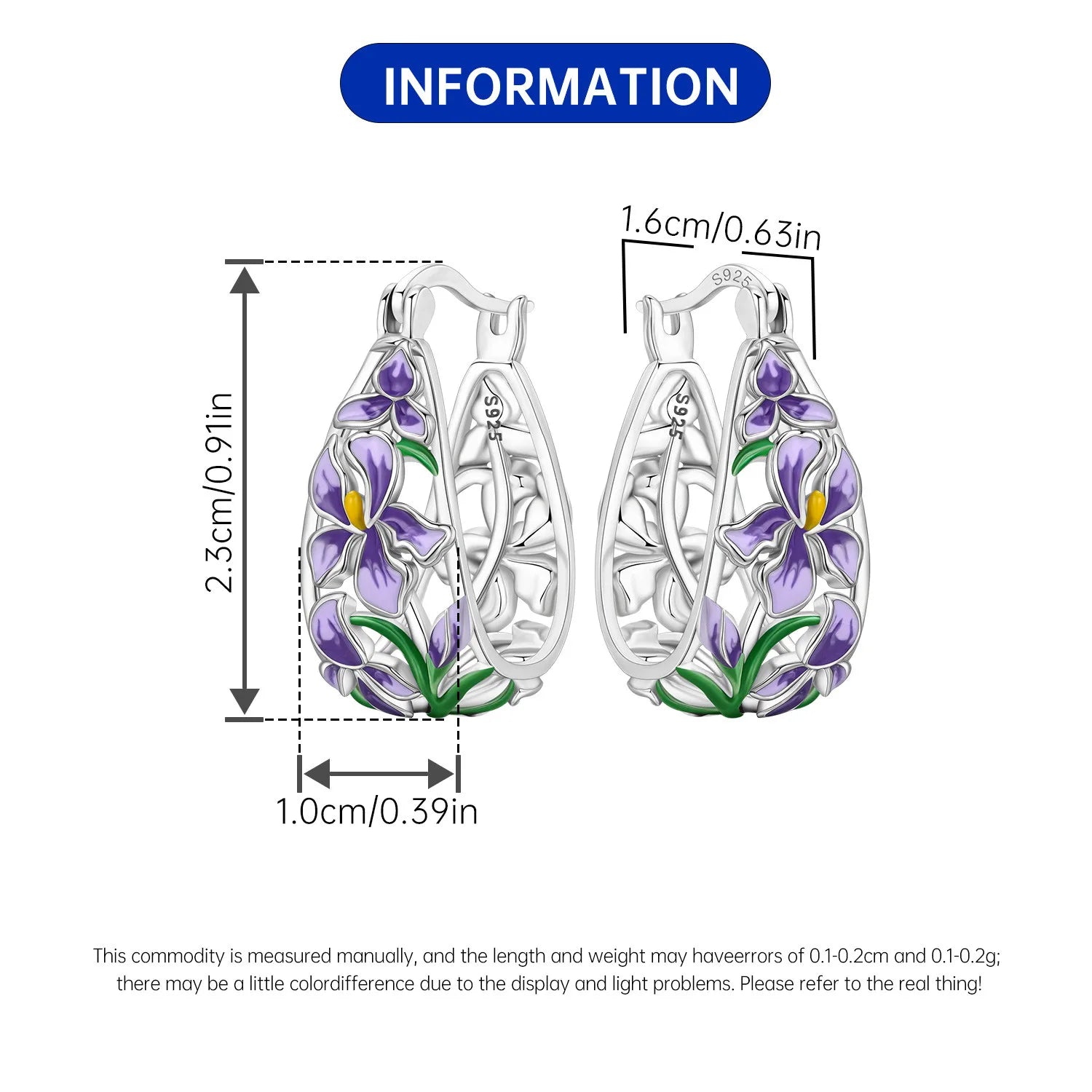 New S925 Sterling Silver Pure Zircon Blue Purple Flower Iris Earrings Fine Jewelry