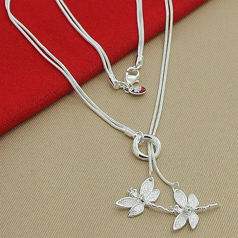 925 Sterling Silver Two Dragonfly Pendant Necklace for Women Snake Chain Necklace Jewelry