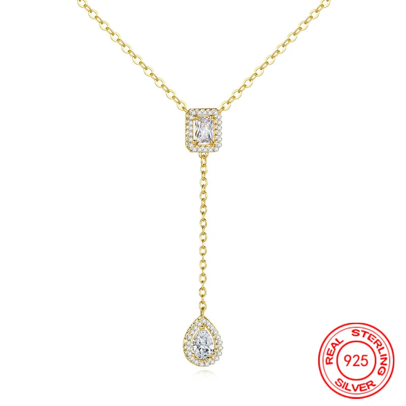 925 Sterling Silver 18K Gold Water Drop Zircon Long Chain Fashion Charm Jewelry