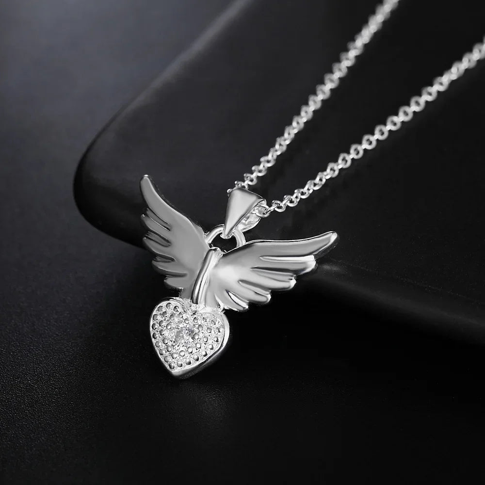 925 Sterling Silver 18 Inches Zircon Elegant Heart Wings Pendant Necklac Jewelry