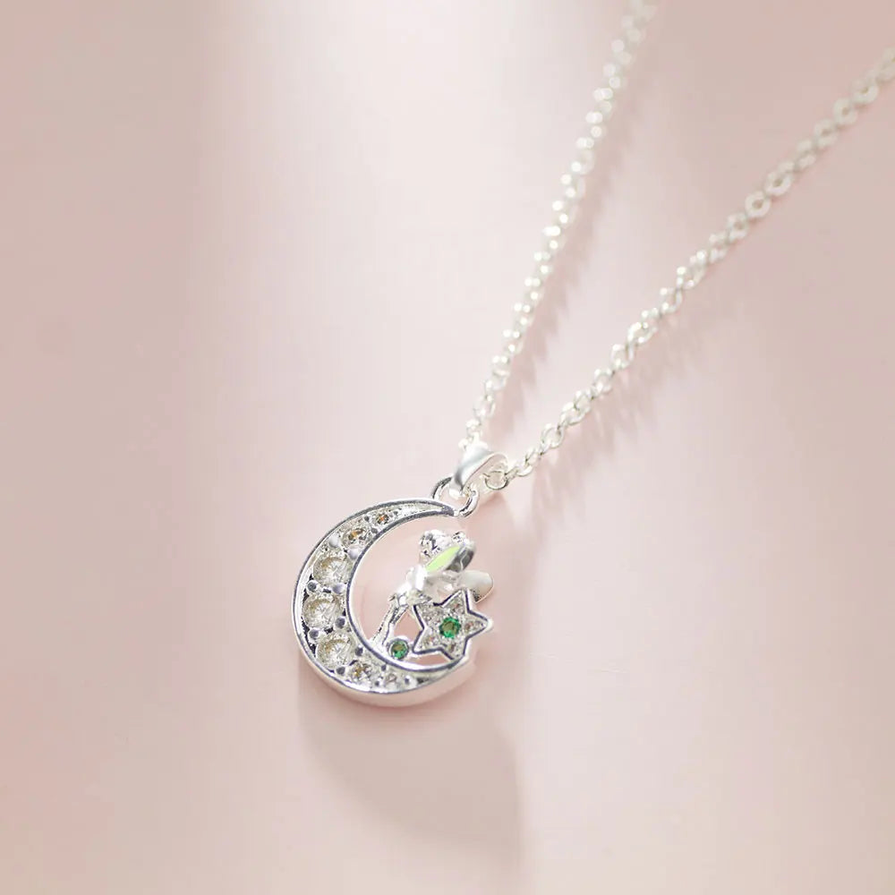 New 925 Sterling Silver Flower Fairy Elf Moon Pendant Necklace Jewelry Fine Jewelry