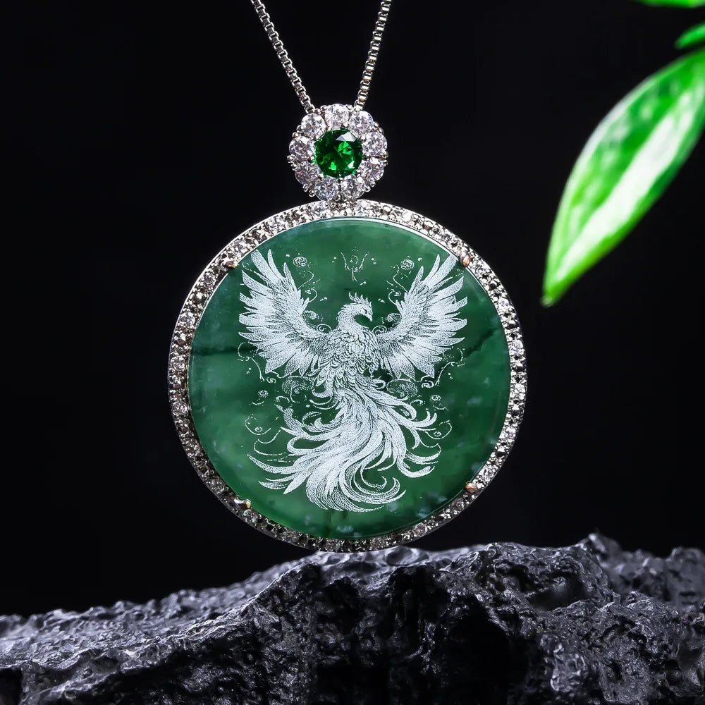New S925 Sterling Silver Natural Real Emerald Jade Stone-Shadow Carving Phoenix Charm Pendant Jadeite Necklace Fine Jewelry