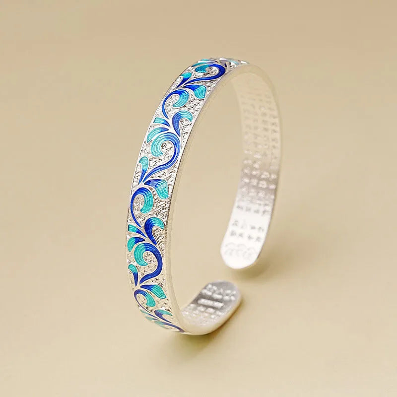 New Sterling Silver 925 Blue Green Enamel Roll Pattern Bangle Cuff Bracelet