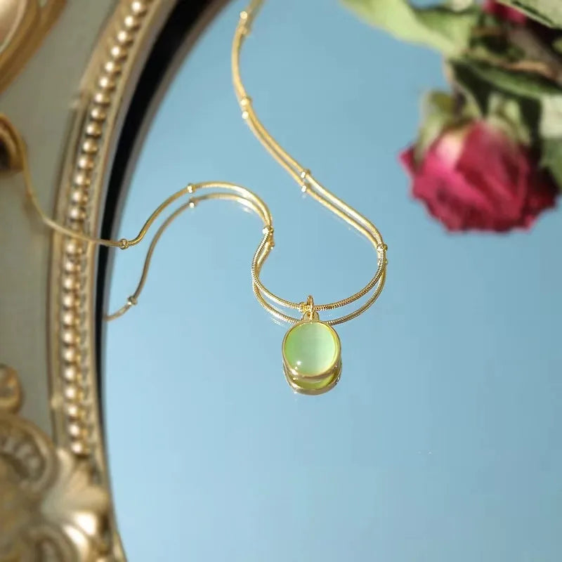 925 Sterling Silver Oval Sea Blue Pendant Necklace Exquisite Cat Eye Stone Lock Bone Chain Jewelry